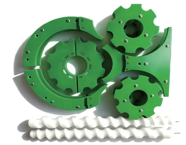 Green bottle-handling wheels and white feed screws from the product catalogue